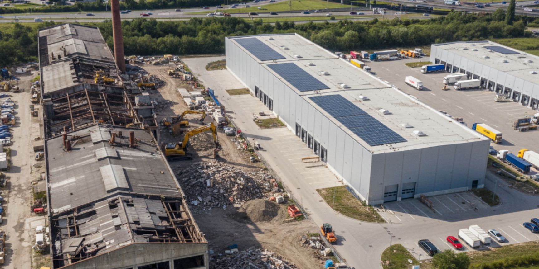 Drohnenaufnahme eines Greyfield-Geländes mit einer halb abgerissenen Industriehalle neben einer modernen Logistikhalle mit Solarpaneelen. Im Hintergrund ist eine Autobahn und städtische Bebauung zu sehen.